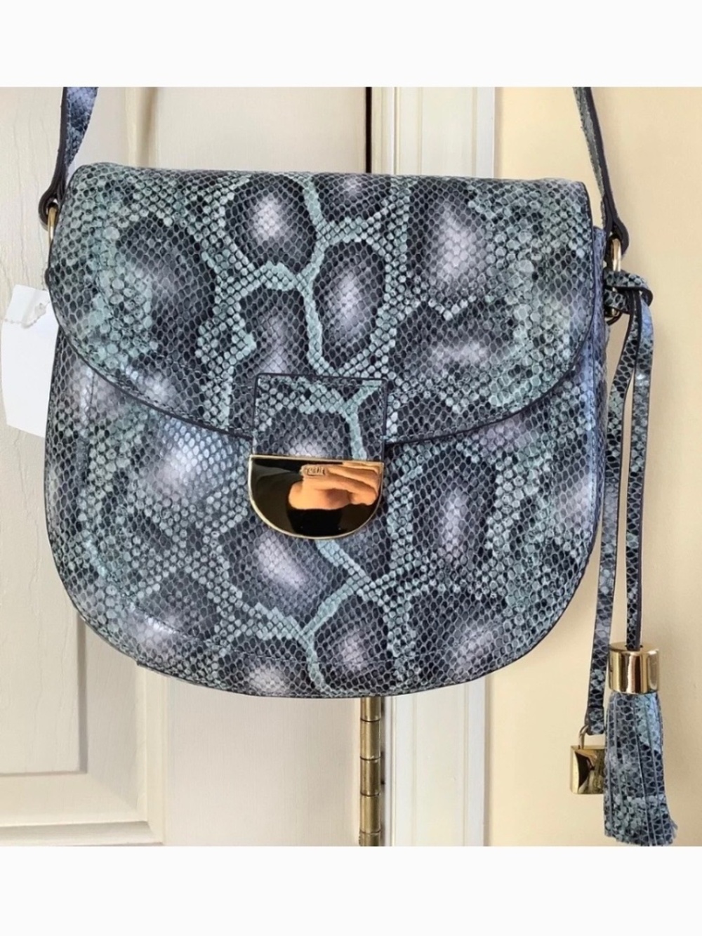 G.I.L.I Leather Printed Saddle Crossbody Bag Teal Cobra